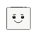 A white square character with black circle eyes and a pixelated smile.