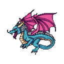 Turquoise pixel dragon with pink wings roaring, coiled body, sharp teeth, forked tongue, skull embellishments on its back.