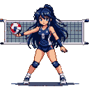 Anime-style female volleyball player in a dark blue uniform, holding a ball, ready to serve on a court with a net.
