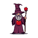Wizard with flowing white beard, wearing a purple robe and hat, holding a wooden staff topped with a red apple. A red apple emblem is on his chest.