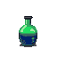 A luminous green potion bottle containing effervescent blue liquid with suspended particles.
