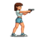 Young woman in cropped t-shirt and denim shorts, holding a handgun in profile, with a determined expression.