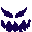 A menacing, shadowy face with sharp, angular eyes and a jagged, gaping mouth rendered in deep purple pixels against a black background.