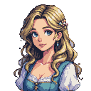 Young woman with blonde hair, flowers, and pearls, wearing a blue bodice over a white ruffled blouse.