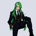 Figure with long green and white hair, wearing a black suit with gold accents, black pants, and boots, with green painted fingernails.