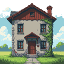 Pixel Art: Casa de 4 pisos, tejado oscuro, paredes grises con algo de m...