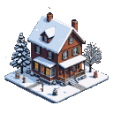 Cozy, snow-dusted isometric house with illuminated windows, surrounded by snow-covered evergreen trees and a bare tree. Scattered mailboxes dot the serene winter landscape.