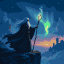 Ancient wizard with long silver hair and beard on a cliff edge holding a glowing green crystal staff under a star-dusted night sky with an aurora.