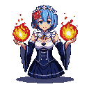 Young woman with short light blue hair, white headband with red flower, and a maid outfit holding two glowing fire orbs.