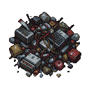 Pixel Art: trash pile, broken tech parts, wires, garbage, dystopian fee...