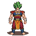 Muscular figure with spiky green hair, wearing a crimson, blue, and gold outfit, with arms held slightly away from the body.