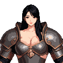 East Asian woman with long dark hair emerging from a large ornate European breastplate, hands cradled beneath her chest.