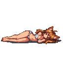 Young woman with auburn hair and cat ears in a white bikini, reclining on her side.