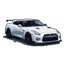 White Nissan GTR in three-quarter front view, pixel art style.