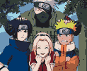 Naruto, Sasuke, Sakura, and Kakashi in a pixelated group portrait. Sakura smiles broadly at the center, Naruto grins to her right, Sasuke stands stoically to her left, and Kakashi towers behind them, masked.