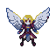 Angel knight with spread white and grey feathered wings, wearing blue, maroon, and gold armor, with blonde hair and red eyes, in a top-down view.