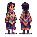 Young South American girl, Lua, in profile facing right, wearing a colorful geometric patterned poncho and dark blue skirt, with braided hair and a pink flower.