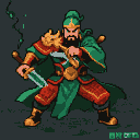 Warrior in green and red uniform with golden accents, holding a gleaming sword mid-strike, with ethereal green energy trailing from his left shoulder.