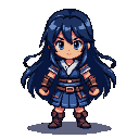 Anime-styled warrior with dark blue hair and blue eyes, wearing a blue tunic, brown belt, bracers, and boots.