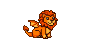 Vibrant orange creature with a lion's head and dragon's body, featuring a fiery mane, stubby wings, and a curled tail.