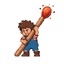 Pixel Art: boy holding gigantic match - bigger than himself (generated with AI and edited by pixie.haus).