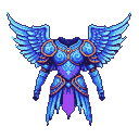 Majestic blue angel armor with feathered wings, golden-orange accents, and a purple draped waist.