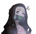 Close-up portrait of a young woman with long dark hair and large expressive eyes, wearing a dark jacket over a floral pink garment. A muzzle-like device with a green energy drink logo covers her mouth.