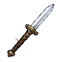 Gleaming, sharp-edged sword with a golden guard and textured brown grip, angled upwards against a black background.