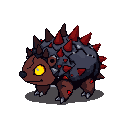 A dark gray, obsidian hedgehog-like creature with rust-red accents and sharp, jagged spines on its back, some tipped with fiery red. It has a deep brown face with a large, glowing yellow eye and stands on four clawed legs against a black background.