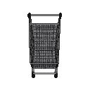 A solitary, gray, elongated shopping cart viewed from directly above against a black background.