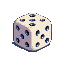 A pristine white six-sided die, rendered in classic pixel art, sits ready for its next roll. Its deep blue pips stand out against the subtle cream tones, casting a gentle shadow.
