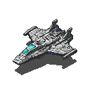 Angular, futuristic spaceship with grey, white, and cyan pixel details, casting a dark shadow on a black background.