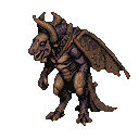 A chimera with a reptilian head, horns, and a tattered wing. Its scaled skin is purple and brown. It stands ready with sharp claws.