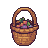 Woven basket filled with pixelated berries, plums, and leafy greens.