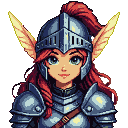 Determined pixie warrior in detailed plate armor and knight's helmet with red plume, auburn braided hair, looking forward with bright eyes and faint smile.