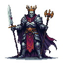Skeletal king in dark, ornate armor, wearing a crown, holding a blood-stained sword and a scepter, with a tattered purple cape.