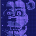 A cracked, pixelated robotic face with vacant, circular eyes and a jagged, toothy maw, rendered in deep blues and purples against a dark background.
