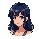 Young woman with flowing dark blue hair and large blue eyes, smiling gently.