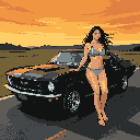 Woman in a grey bikini leaning against a retro black Mustang with long dark hair blowing in the wind, set against a vibrant orange and yellow sunset sky.