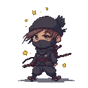 Chibi ninja in dark attire and mask wearing a pom-pom beanie, surrounded by shimmering golden light specks.