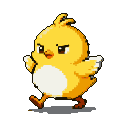Pixel Art: 可爱的小鸡形象，黄色身子 白肚皮，一撮呆毛，小翅膀，傲娇得左右走来走去