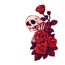 A white skull with dark eye sockets emerges from a cluster of deep red roses and dark green leaves.