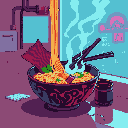 Steaming ramen bowl with orange noodles, nori, and green garnish, chopsticks poised above, set against swirling blue steam and a neon mountain sign in a cyberpunk purple and blue atmosphere.