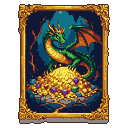 Green dragon wearing a golden crown, overlooking a hoard of gold coins and jewels in a cavernous lair.