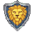 A golden pixelated lion's head with a fiery mane on a deep blue shield, bordered in silver.
