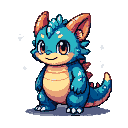 A plump creature with teal scales, a yellow belly, amber eyes, and blue fin crests.