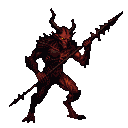 Menacing demon with skeletal frame, sharp horns, and glowing yellow eyes, holding a spear against a black background.