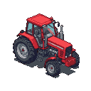 A red tractor with large tires, a sturdy cabin, and a visible engine.