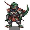 Green scaled dragon-knight-ninja hybrid in segmented crimson-accented armor and dark scarf, poised for action with bared teeth and a pointed head protrusion.