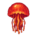 Fiery jellyfish with a translucent orange and red bell and flickering crimson and charcoal tendrils.